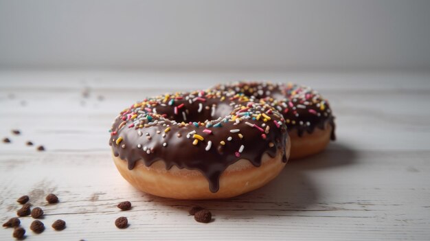 Two donuts with chocolate frosting and sprinkles on a table.