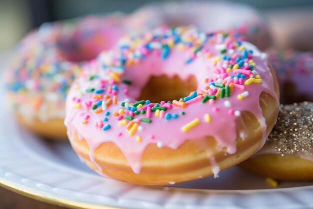 two donuts with pink frosting and sprinkles on a plate.