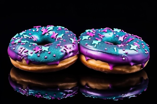 two donuts with purple icing and purple frosting are on a black background.