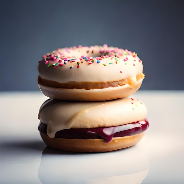 Two donuts with white frosting and sprinkles on top of them.