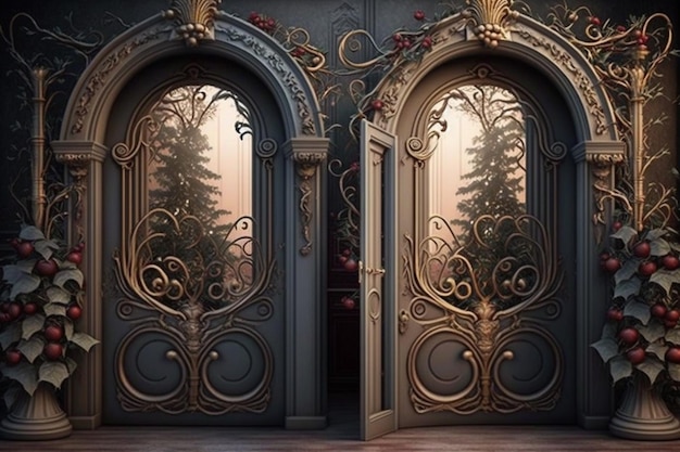 Two doors with a tree on the left side.