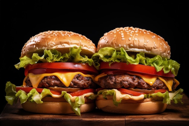 Two double cheeseburgers with toppings on a board