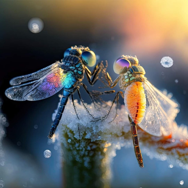 Two dragonfly are sitting on a plant with the word " on it "