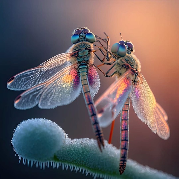 Two dragonflys are sitting on a plant with the sun shining on them.