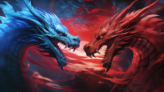 Two dragons face to face red and blue against competition illustration