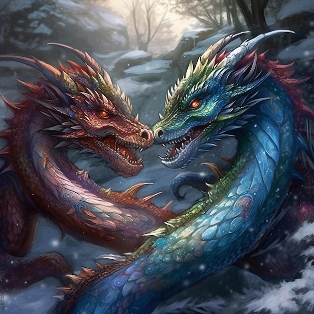 Two dragons fighting in the snow