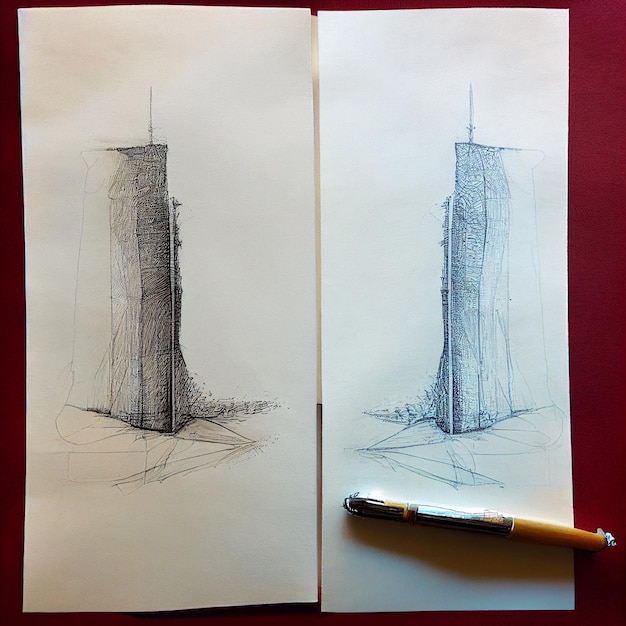 Two drawings of a building with a pencil next to it.
