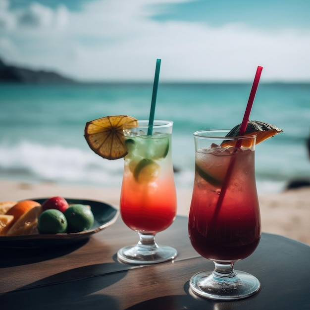 Two drinks with a straw and a plate of food on the beach.