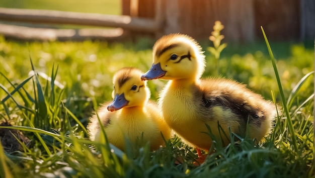 two ducklings are sitting in the grass one of them has a blue beak