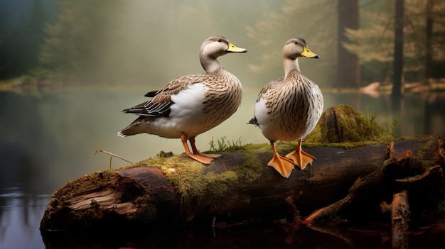 two ducks are sitting on the shore of a pond in summer