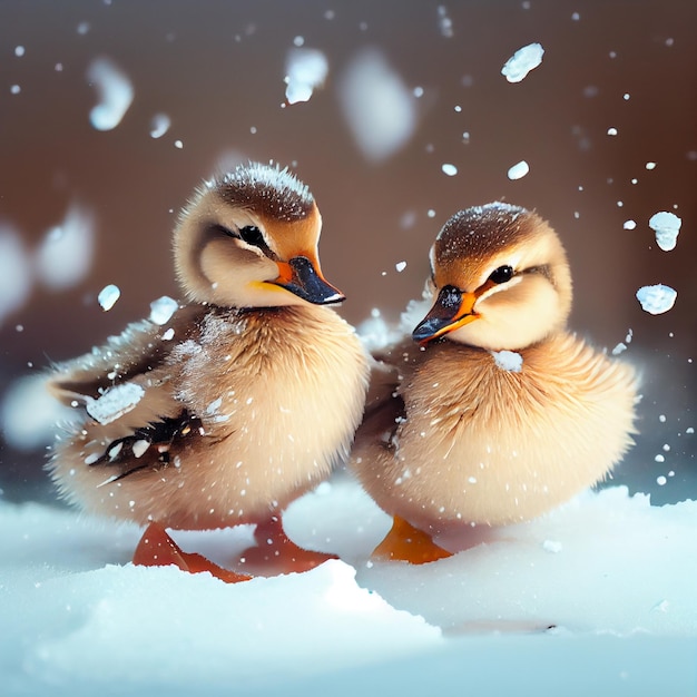 Two ducks are standing in the snow with snow falling on them.