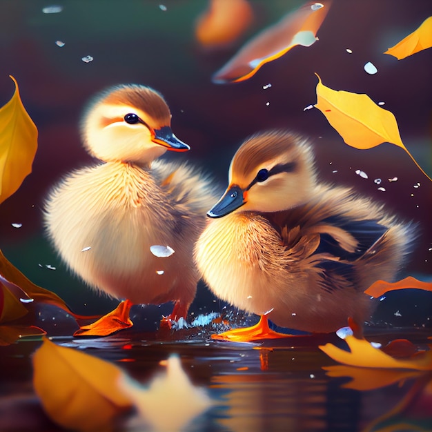 Two ducks are standing in the water and one has yellow leaves on it.
