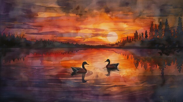 Photo two ducks are swimming in a lake at sunset