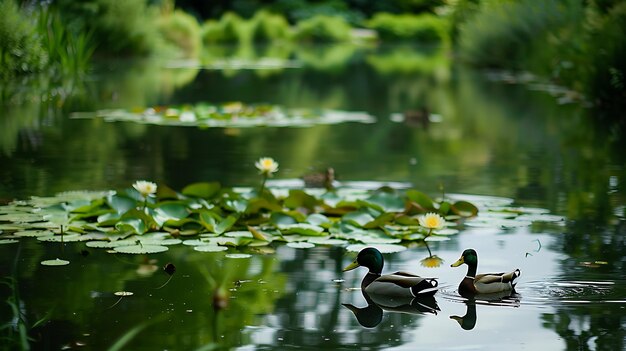 Two ducks are swimming in a pond surrounded by green lily pads and white flowers The water is calm and still and the sun is shining brightly