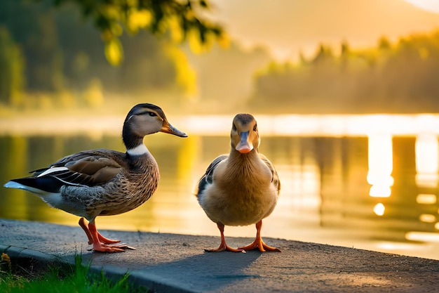 Two ducks stand on a ledge in front of a lake.