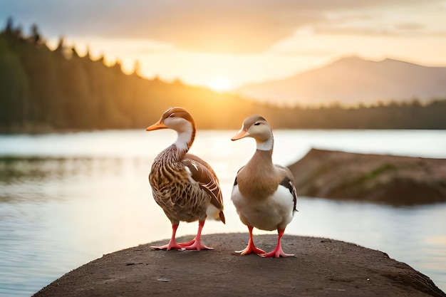 Two ducks stand on a rock in front of a lake at sunset.