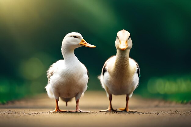 Two ducks standing next to each other on a green background