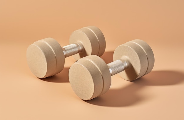 two dumbbells on top of a gray surface