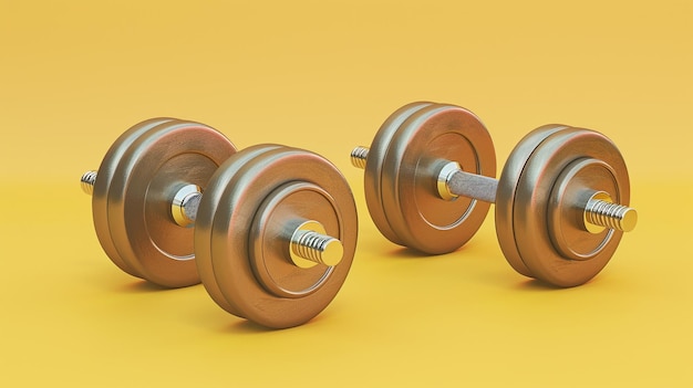 two dumbbells on yellow background