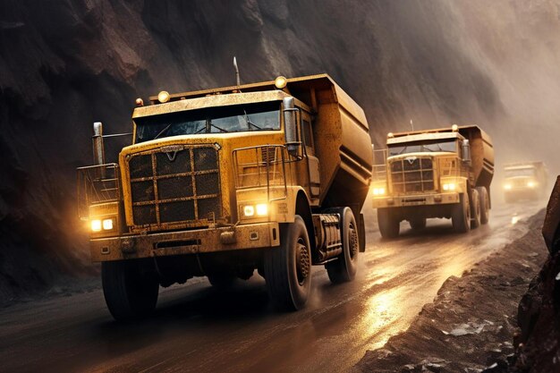 two dump trucks are driving down a wet road