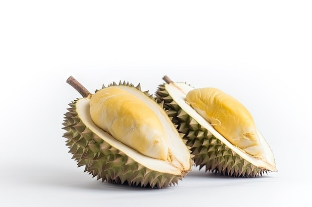 Two durian fruit on a white background