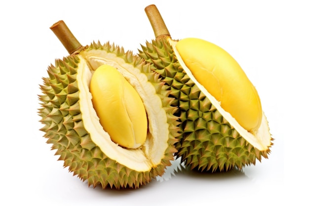 Foto due frutti di durian tagliati a metà la polpa di durian all'interno è vista isolata su uno sfondo bianco