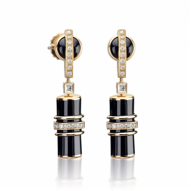 two earrings with gold and black diamonds and one that says " n. " on the bottom.