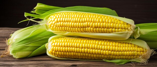 two ears of corn sitting on top of a wooden table