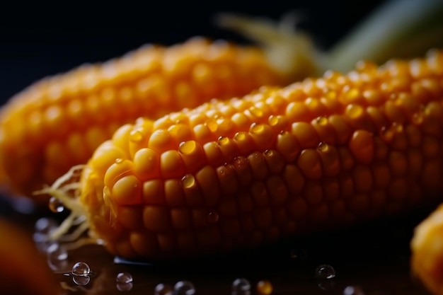 Two ears of corn on a table with the dark background