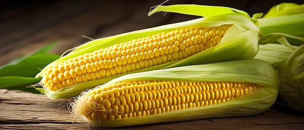 two ears of corn on a wooden table