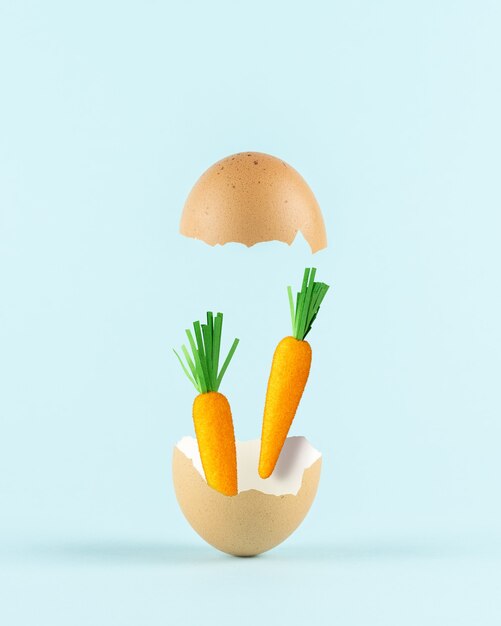 Two Easter carrots in cracked eggshell against pastel blue background