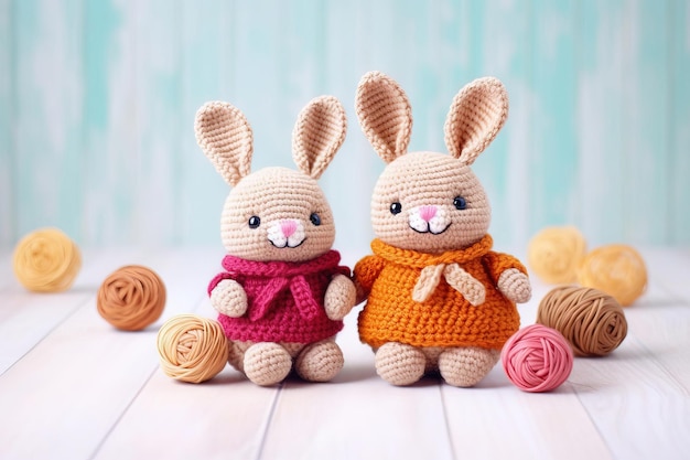 Two easter crochet bunnies winter dressed with eggs with a wood plank background