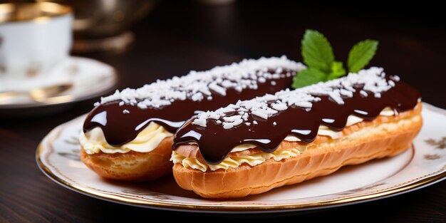 Photo two eclairs with chocolate icing and white chocolate on the table close up