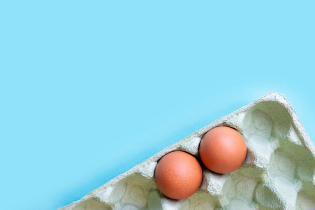 Two eggs in a carton in the corner