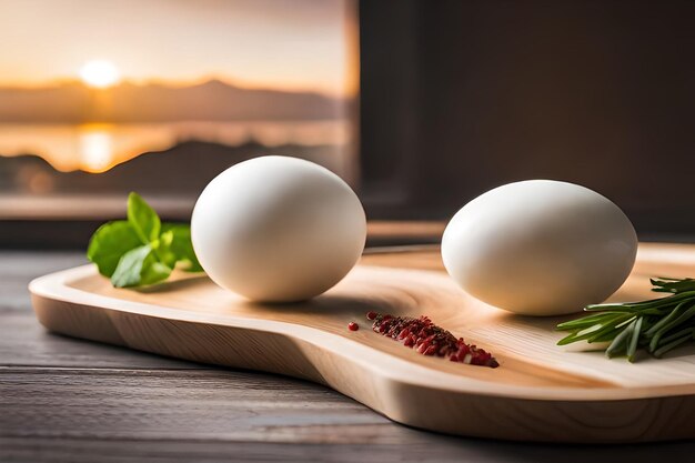 two eggs on a cutting board with a sunset in the background.