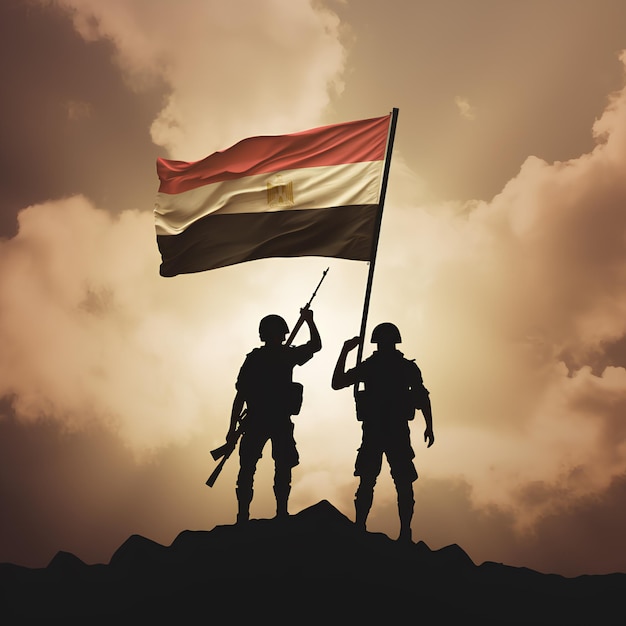 Two Egyptian soldiers raising Egypt flag showing victory in 6th of October day