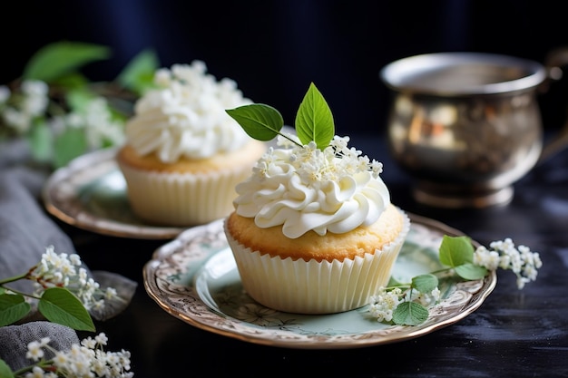 Two elderflower cupcakes Generative Ai