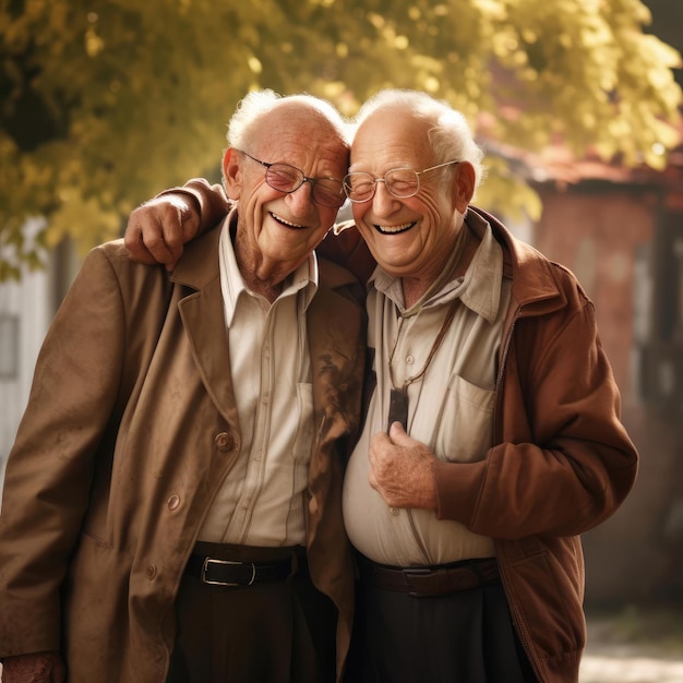 Два пожилых друга обнимают друг друга