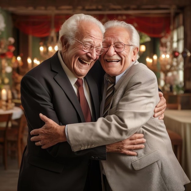 Two elderly friends hugging each other