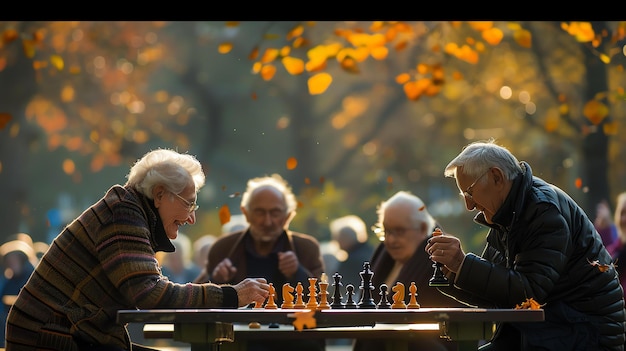 Photo two elderly men play chess in a park while a third man watches surrounded by fallen leaves