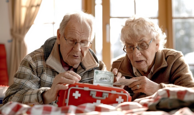 Photo two elderly people are looking at a first aid kit