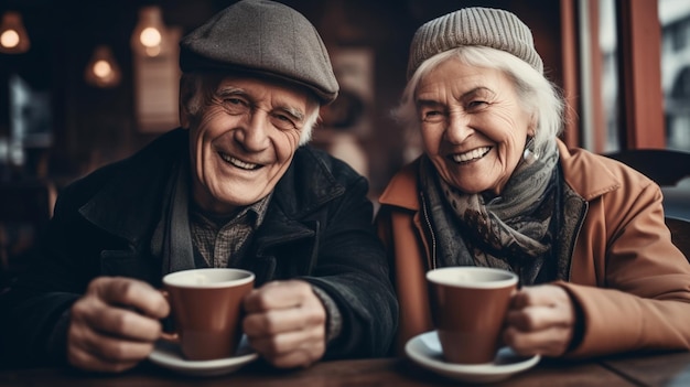 Two elderly people drinking coffee at a bar