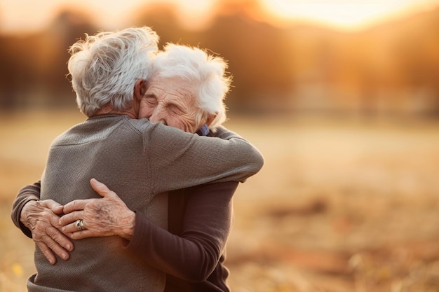 Two elderly people hug each other in a field