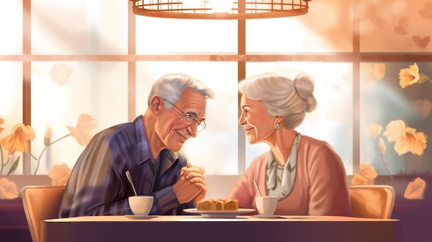 Two elderly people a man and a woman are sitting at a table in a beautiful restaurant