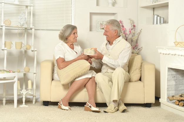 Two elderly people sitting at home on couch