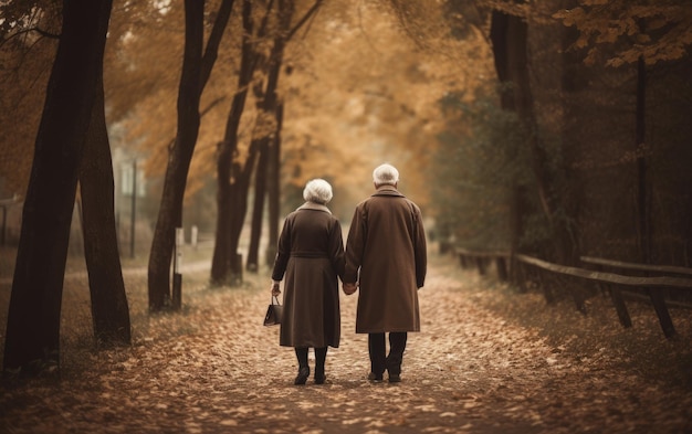 Two elderly people walking down a path in a park concept of love