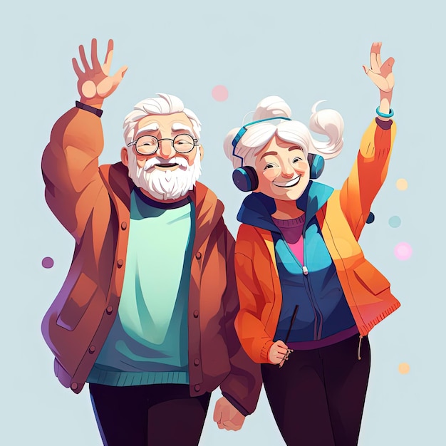 Photo two elderly people waving hands in the style of colorful animations