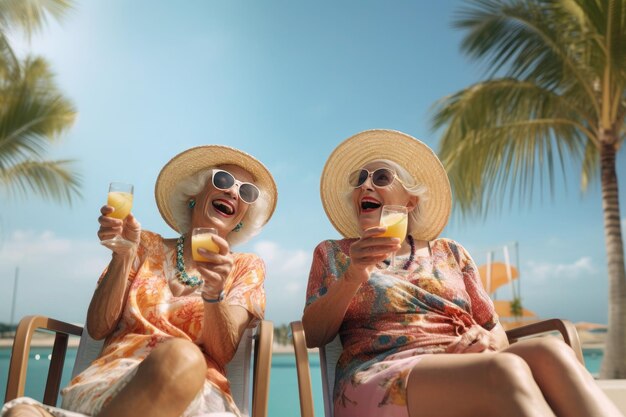 Two elderly women in a hat with sunglasses with gray hair 7080 years old celebrating against