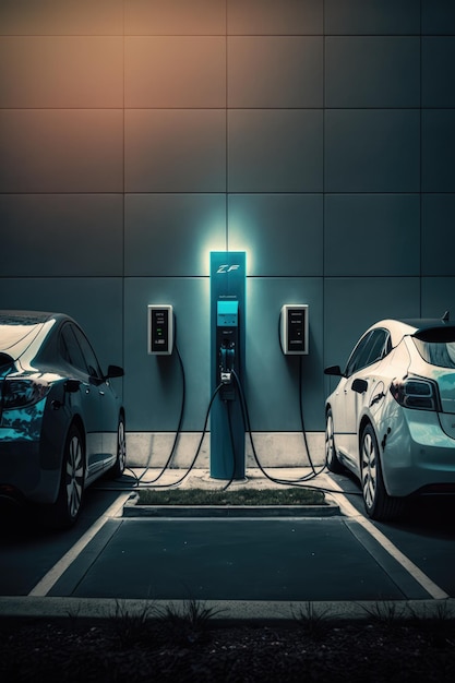 Photo two electric cars charging in charging station created using generative ai technology