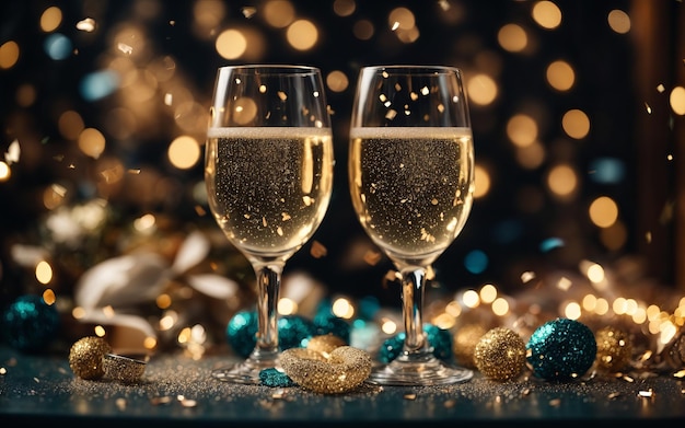 Два элегантных бокала шампанского на блестящем столе